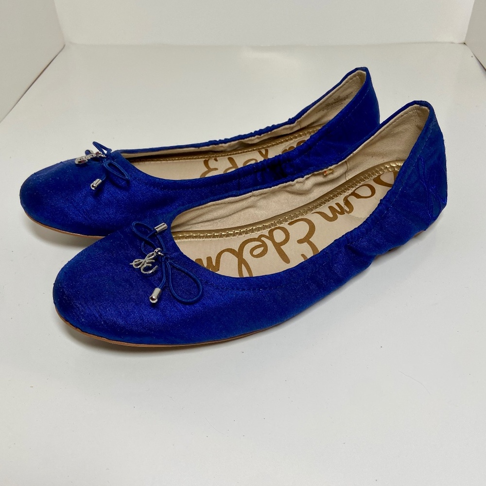 SAM EDELMAN Classic Comfy Cute “Felicia” Blue Raw Silk Fabric & Leather Flats